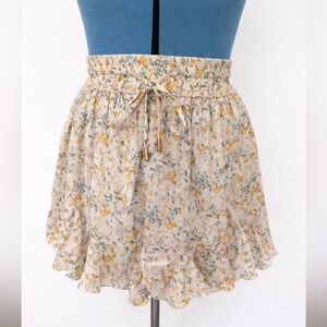 bishop + young Cream Floral Ruffle Mini Skirt with Yellow & Green Print